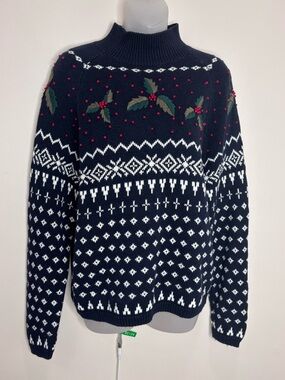 DressBarn Navy Holiday Cowlneck Sweater Red Berry Embroidery medium cotton blend